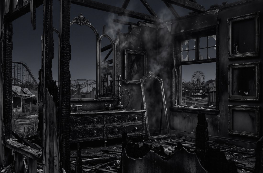 Plate I — a burnt room hung with works